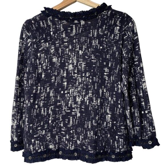 CHICO'S Women Cardigan Sz 1 Beaded Ruffle Blue/White Preppy Sweater pockets M - Picture 2 of 12